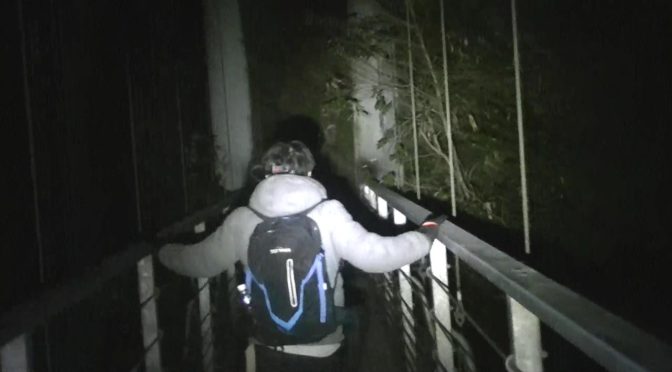 宮崎県都城市にある関之尾滝の吊橋を渡り切るところ